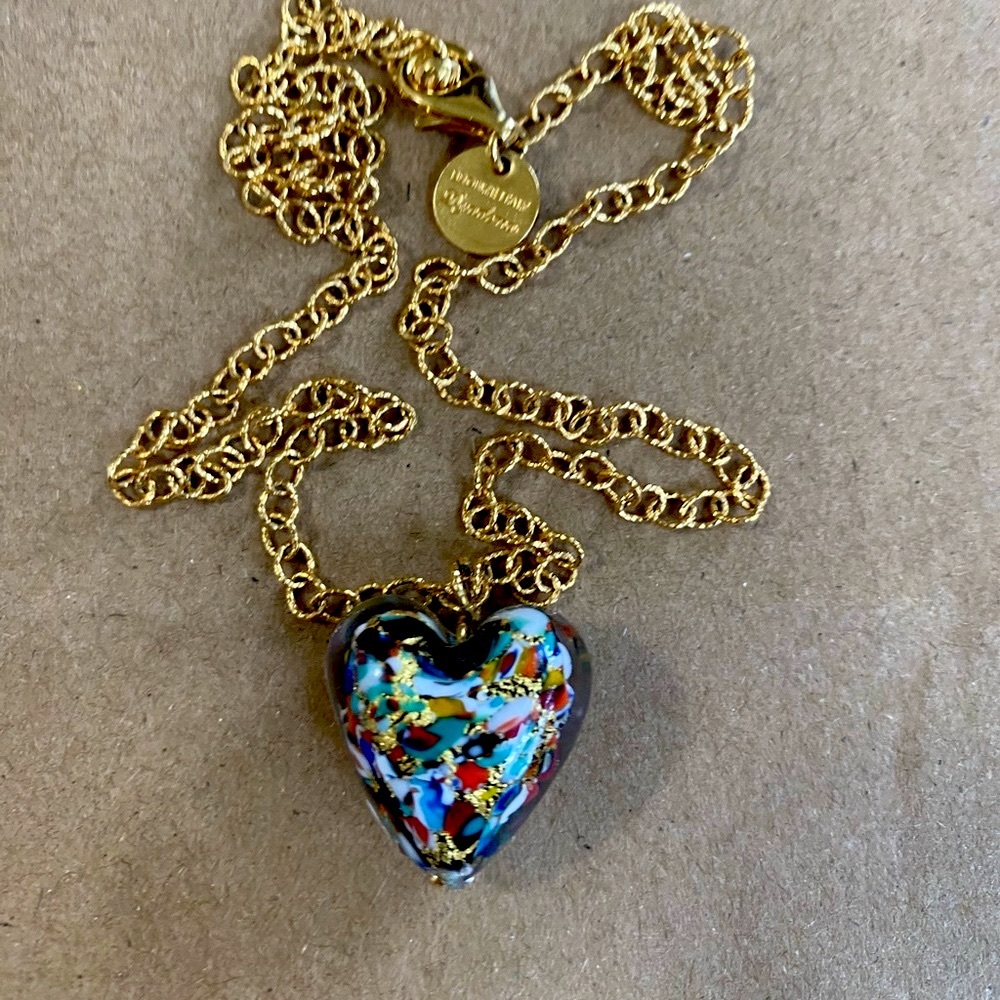Murano Dyadema Bronze and Glass Multicolor Heart Pendant Necklace